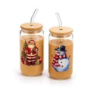 Christmas Borosilicate Glass Tumbler with Bamboo Lid & Straw